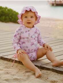 Toddler Baby Girl Silly Goose Swimsuit Floral Bow Print Long Sleeve Rash Guard And Hat 2 Piece Infant Bathing Suits Swimwear - Pink - View 2
