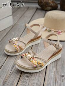 WRCVS 米色女士凉鞋，编织带凉鞋，夏季厚底厚底凉鞋，手工串珠编织随机花卉图案，轻便度假凉鞋，波西米亚风坡跟鞋，户外凉鞋 - 米色 - 查看 6