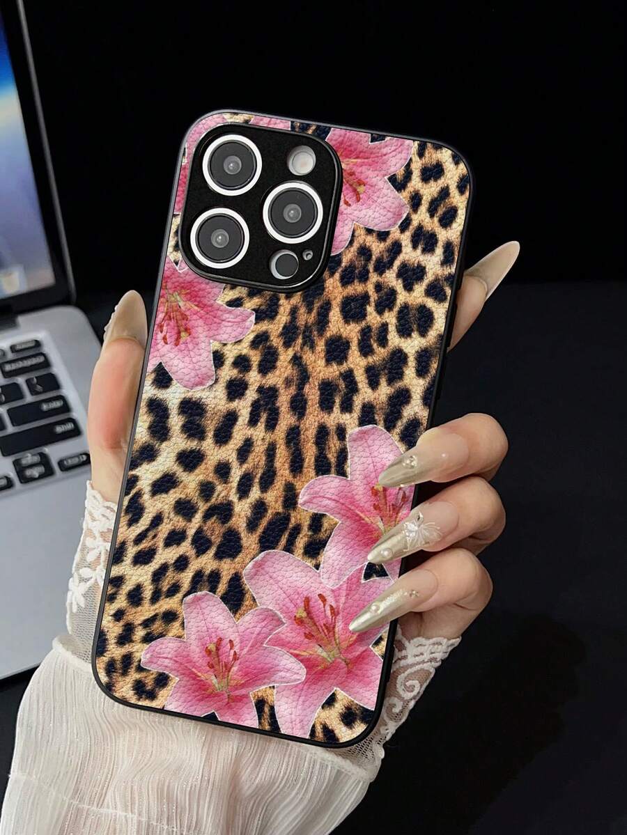 Retro Y2K Leopard Print Pink Lily Phone Case Premium Faux Leather Shockproof Cover For IPhone 16/15/14 Series - Black - View 1