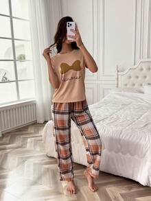 2pcs Women's Spring/Summer Bow Print Top And Plaid Print Pajama Set, Short Sleeve Pants Sleepwear Set - Khaki - View 4