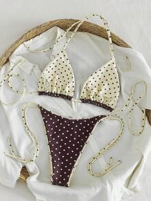 夏季豹纹细肩带系带比基尼套装，适合海滩度假 - 咖色點 - 查看 3