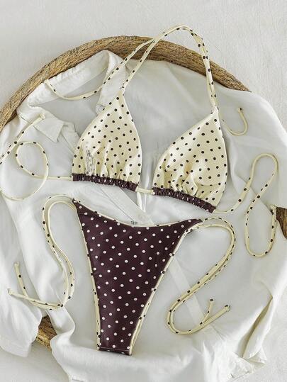 Summer Leopard Print Spaghetti Strap Tie-Up Bikini Set, Suitable For Beach Vacation