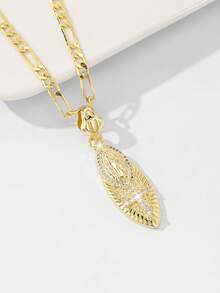 1pc European & American Classic Copper Inlaid Zirconia Leaf Shaped Guadalupe Virgin Mary Cross Pendant Necklace, Limited Edition, Suitable For Christmas/Thanksgiving/Halloween/Mother's/Valentine's Day Gifts For Couples/Friends/Godparents, Catholic First Communion, Gifts, Daily & Holiday Wear Prayer - Yellow Gold - View 2