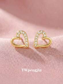 2对甜美时尚的镶钻锆石心形月亮耳钉，适合街头派对、约会、度假、日常佩戴，也是周年纪念日、情人节的理想礼物。 - 金色 - 查看 3