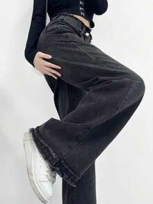 黑色破洞喇叭裤，斜插口袋，休闲春季款 - 黑色 - 查看 5