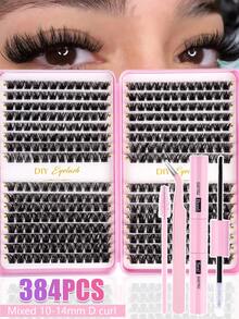 384pcs D-Curl Fluffy False Eyelashes Set, Includes Beginner-Friendly Lash Tutorial, Thick & Voluminous Segmented False Lashes, With Glue, Setting Liquid, Tweezers, Magnifying Eyes, Reusable, Large Capacity Individual Lashes, Soft & Natural Mixed Lashes, Create 3D Dramatic Eye Makeup, Suitable For DIY At Home, Travel, Daily Commute, Parties, Weddings, Bridal Makeup, Lashes, Eyelashes, Fake Lashes - màu đen - Xem 10