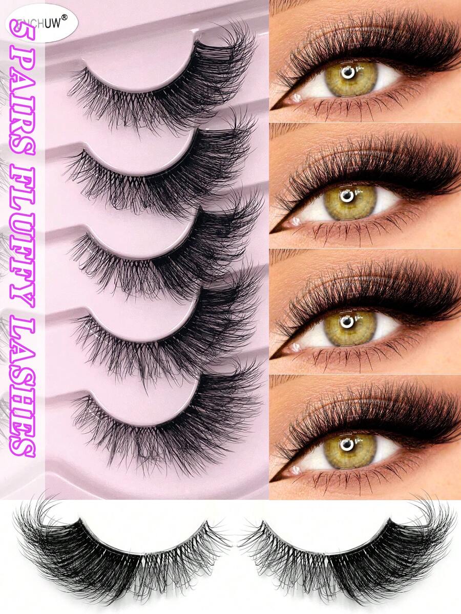ENCHUW 5 Pairs Natural Curly Cat Eye Transparent Stem False Eyelashes For Daily, Suitable For Beginners Strip Lashes,Lashes,Eyelashes,Fake Lashes - Black - View 1