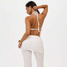 Ladies' Age Reduction And Slimming Style, Fashionable Hanging Neck And Swinging Collar, Backless Tied Rope Top, Metal Buckle Micro Flared Pants Two-Piece Set - trắng - Xem 5