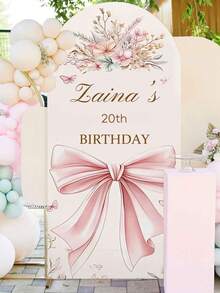 定制粉色花卉蝴蝶结拱门背景幕布 - 可定制任何文字，耐用弹性装饰，适合女性重要庆典，室内外均可轻松搭建 - 彩色 - 查看 9