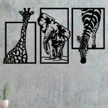 3pcs African Animal Metal Wall Decor Sculpture, 35cm/15.75in, Giraffe, Elephant, Zebra Shapes, Modern Laser Cut Metal Wall Art, Iron Painting For Indoor Outdoor Home Garden Patio Decoration, Elegant Wall Hanging, Housewarming Gift - A - View 4