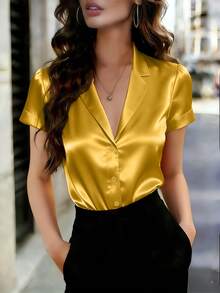 Áo kiểu nữ tay dài màu vàng đồng, chất liệu polyester, có cổ và cài cúc phía trước. - Vàng - Xem 3