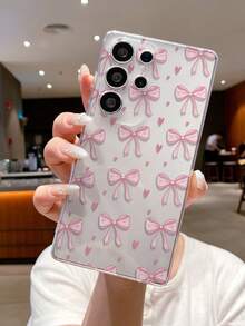 1 pieza Funda de teléfono suave y transparente de TPU con patrón de lazo y corazón rosa a la moda, anti-arañazos, anti-huellas dactilares, protección de la lente de la cámara, compatible con Samsung, Nothing, Pixel, INFINIX, Redmi - Multicolor - Ver 2