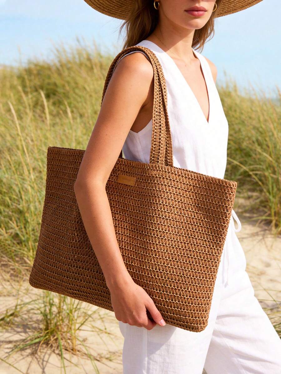 Burberry 材质时尚棕色草编包，女神范儿拉菲草手提包，新款大容量化妆包。 - 焦糖色 - 查看 1