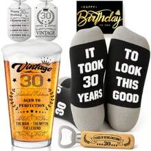 Joybble 30th Birthday Gifts For Men 30th Birthday Decorations Beer Glass In Vintage Box 16oz Personalised Gift Beer Glasses Gift Ideas Presents For Men Funny Socks And Keychain And Bottle Opener - BeerGlass30週年 - 查看 1