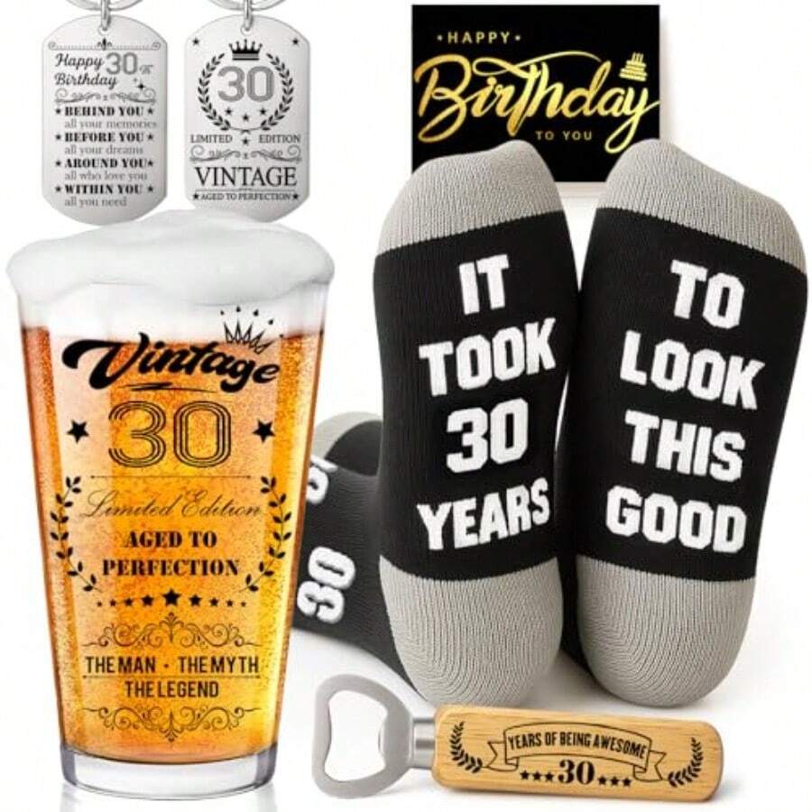 Joybble 30th Birthday Gifts For Men 30th Birthday Decorations Beer Glass In Vintage Box 16oz Personalised Gift Beer Glasses Gift Ideas Presents For Men Funny Socks And Keychain And Bottle Opener - BeerGlass30週年 - 查看 1