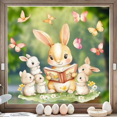 1pc Easter Bunny Glass Sticker Window Decoration, Reading Companion Theme Transparent Sticker, Spring Creative Study Decoration Sticker, Cute Pet Companion Decoration, Easter Spring Reading Barrier Decoration, Home Beautification Background Wallpaper, Home Decoration, Make Your Life Fresh, Holiday Decoration Stickers, Birthday Graduation Gift