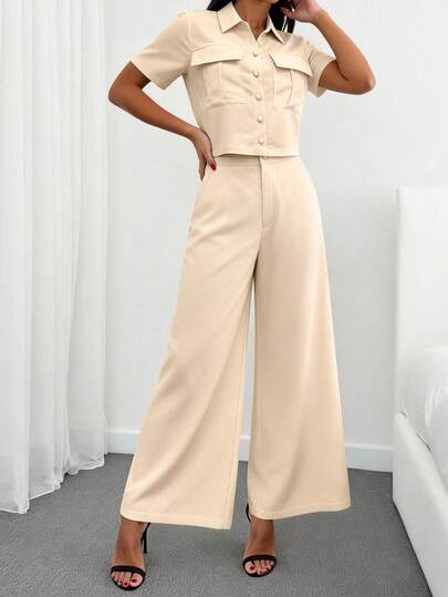 女士纯色休闲优雅办公两件套，带口袋和前纽扣拉链