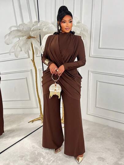 AIJ بدلة نسائية كبيرة الحجم من أمريلو، بتصميم لف شفاف بأكمام طويلة وياقة دائرية، مناسبة للحفلات والتجمعات