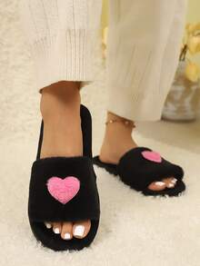 柔软毛绒心形露趾拖鞋，舒适轻便鞋底，适合居家室内穿着，春夏皆宜 - 黑色 - 查看 5