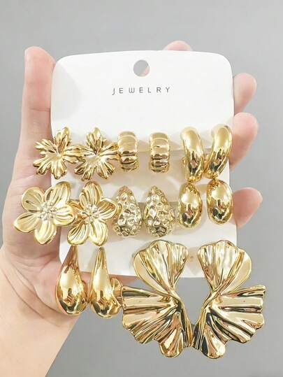 4/6/16pcs Fashionable Earring Set, Exaggerated Eternal Flower Super Large C-Shape Five-Petal Flower Series Earrings, Suitable For Daily Wear And Festivals, Women Earring Set