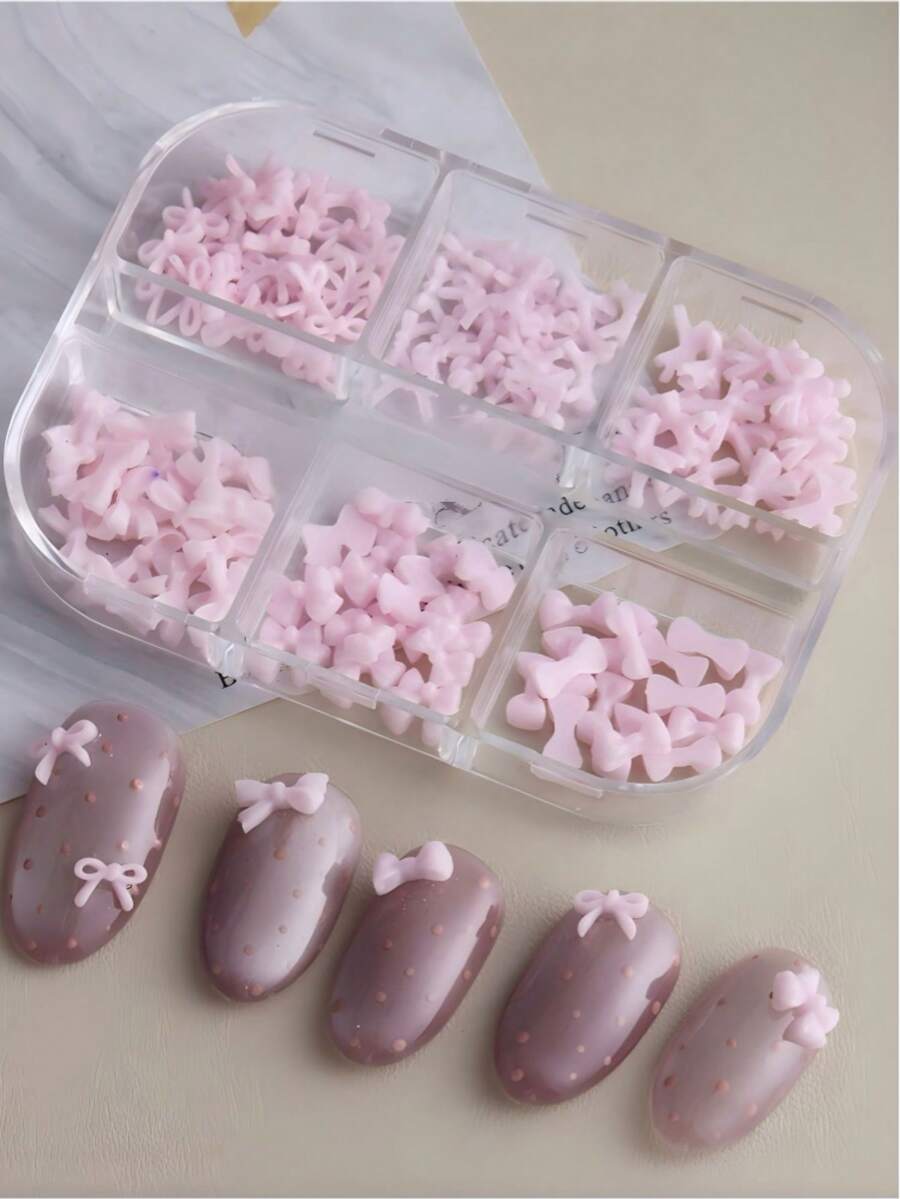 Hộp 6 ngăn đựng dụng cụ trang trí móng tay hình nơ hồng, kiểu dáng tối giản phong cách Pháp. - Hồng - Xem 1