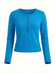 性感V领长袖修身T恤，露脐上衣 - 藍色 - 查看 7