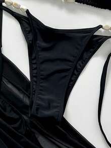 2026 New Solid Color Elegant Backless Tie-Up Decor Vacation 3 Pieces Set Beach Black Summer - Black - View 5