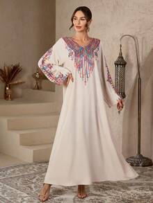 一件装女士穆斯林亮片刺绣长袍罩袍连衣裙，端庄阿拉伯长袍 - 杏色 - 查看 7