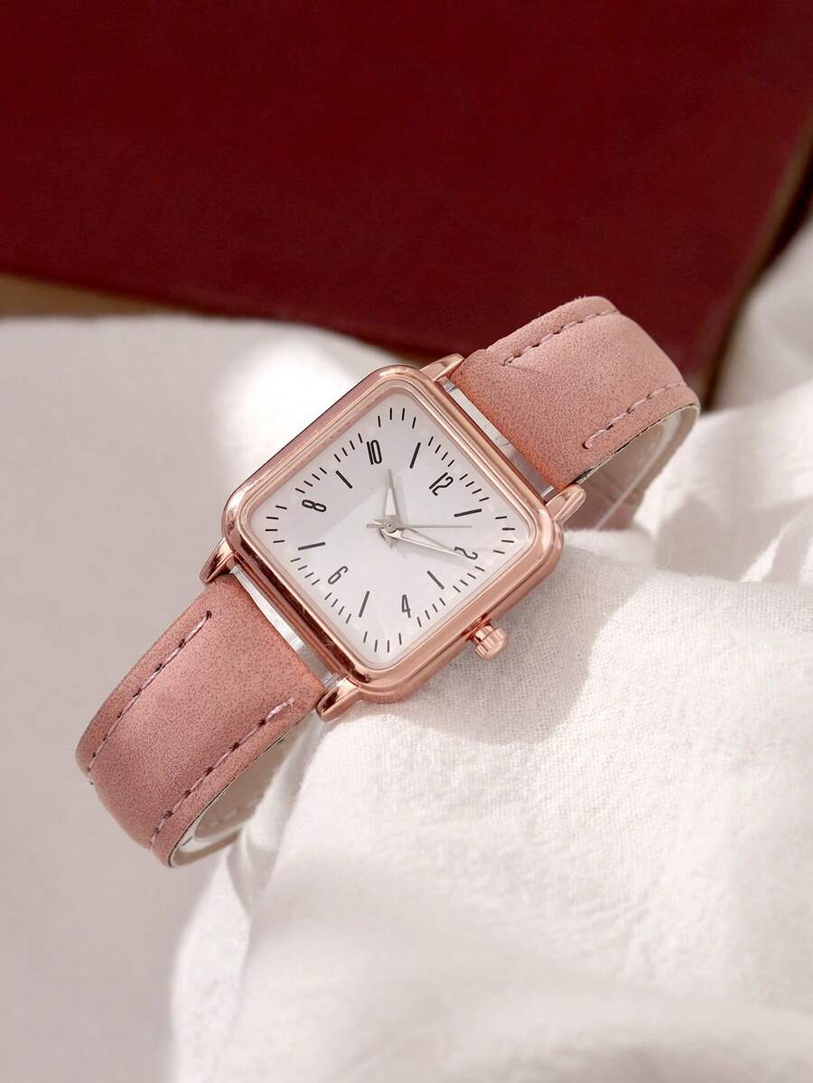 女士PU皮表带手表，创意方形表盘，复古英伦风，小众奢华石英表，适合节日、派对、婚礼、返校季、圣诞节、感恩节、万圣节、复活节等各种场合，是送给女性的最佳礼物。 - 粉色 - 查看 1
