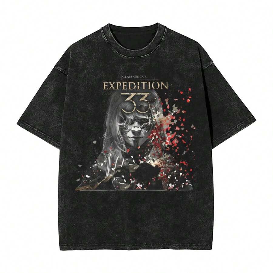 Clair Obscur Expedition 33 T Shirts Hip Hop Washed Cotton Oversize T-Shirt Novelty For Men Women Tops Streetwear Printed Tees - 黑色 - 查看 1
