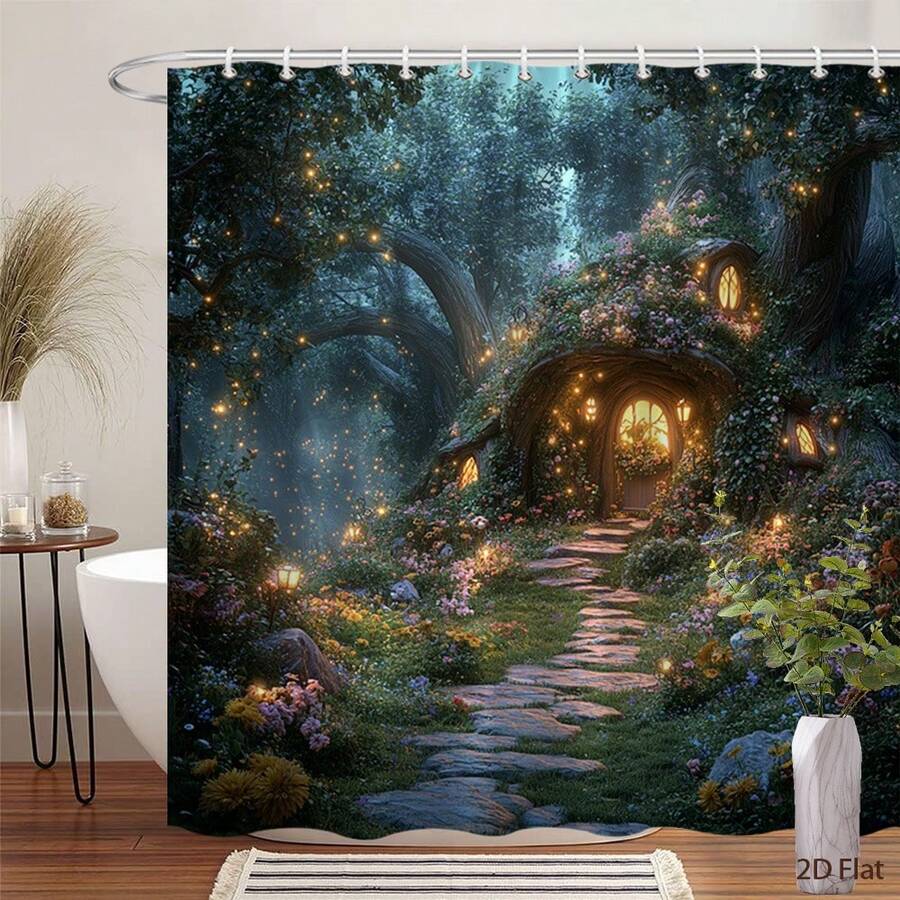 1pc Enchanted Garden Fairy Tale Shower Curtain - Enchanted Forest Bathroom Decor With Fairy Cottage, Fairy Tale Window, Fairy Pathway - Extra Long 70.8x70.8 Inch Bath Curtain, Machine Washable Polyester Fabric For Magical Bathroom Makeover - Perfect - 浴簾1 - 查看 1