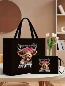 Conjunto de 2 peças: Bolsa de lona com estampa de vaca das Terras Altas e nécessaire combinando - Tecido impermeável e fácil de limpar, design com vários bolsos, ideal para compras, viagens, praia, presente para o Dia dos Professores, bolsa de linho de grande capacidade para mulheres, ótima para o trabalho, escola ou uso diário. - Multicolorido - Ver 1