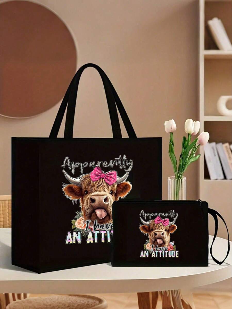 Conjunto de 2 peças: Bolsa de lona com estampa de vaca das Terras Altas e nécessaire combinando - Tecido impermeável e fácil de limpar, design com vários bolsos, ideal para compras, viagens, praia, presente para o Dia dos Professores, bolsa de linho de grande capacidade para mulheres, ótima para o trabalho, escola ou uso diário. - Multicolorido - Ver 1