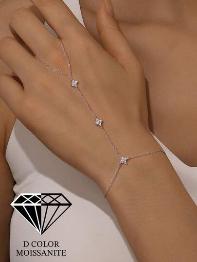 EleRunis 1PC 925 Sterling Silver Dainty Four Leaf Clover Ring Bracelet Hand Chain For Women Dainty Cubic Zirconia Bracelet And Ring Chain Body Jewelry Daily Wear Wedding Party Engagement Anniversary Valentine's Day