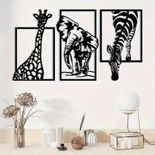 3pcs African Animal Metal Wall Decor Sculpture, 35cm/15.75in, Giraffe, Elephant, Zebra Shapes, Modern Laser Cut Metal Wall Art, Iron Painting For Indoor Outdoor Home Garden Patio Decoration, Elegant Wall Hanging, Housewarming Gift - A - View 3
