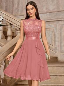 MIUSOL Sequin Floral Lace Sleeveless Ruffle Hem Party Swing Dress Wedding Spring - Dusty Pink - View 1