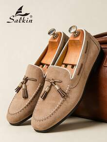 Salkin 复古设计师男士套脚乐福鞋，流苏绒面软皮鞋，绅士平价奢华之选，现代生活之选。简约商务正装鞋，男士日常办公派对婚礼鞋，情侣约会、浪漫晚餐、节日礼物、返校学生鞋，学院风，建议选择大一码。 - 米色 - 查看 1