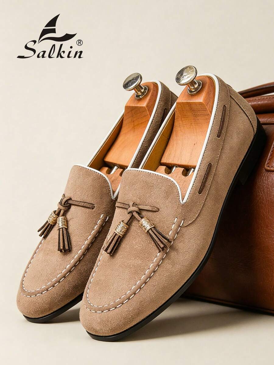 Salkin 复古设计师男士套脚乐福鞋，流苏绒面软皮鞋，绅士平价奢华之选，现代生活之选。简约商务正装鞋，男士日常办公派对婚礼鞋，情侣约会、浪漫晚餐、节日礼物、返校学生鞋，学院风，建议选择大一码。 - 米色 - 查看 1