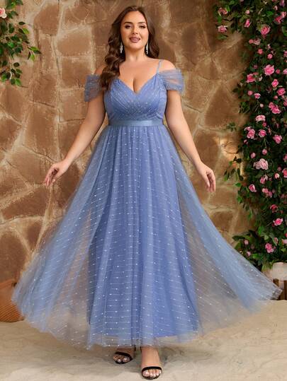 女士大码优雅亮片拼接华丽派对浪漫网纱拉链不对称/不对称正式时尚伴娘礼服婚礼宾客晚礼服舞会礼服