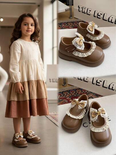1 para brązowych mokasynów dla dziewcząt, falbanka z tkanego materiału, klasyczne zapięcie na rzepy i kokardkę, prosty design, okrągły nosek, płaska, miękka, antypoślizgowa, podwyższona podeszwa, modne, urocze mokasyny, odpowiednie dla dziewcząt w wieku 3-15 lat, uczennic, na imprezę, do tańca, na co dzień, na święta, na wiosnę/lato