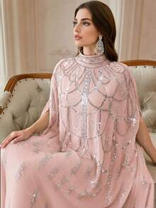 优雅串珠蝙蝠袖长款立领阿巴雅长袍，梭织面料刺绣设计 - 淺粉色 - 查看 6