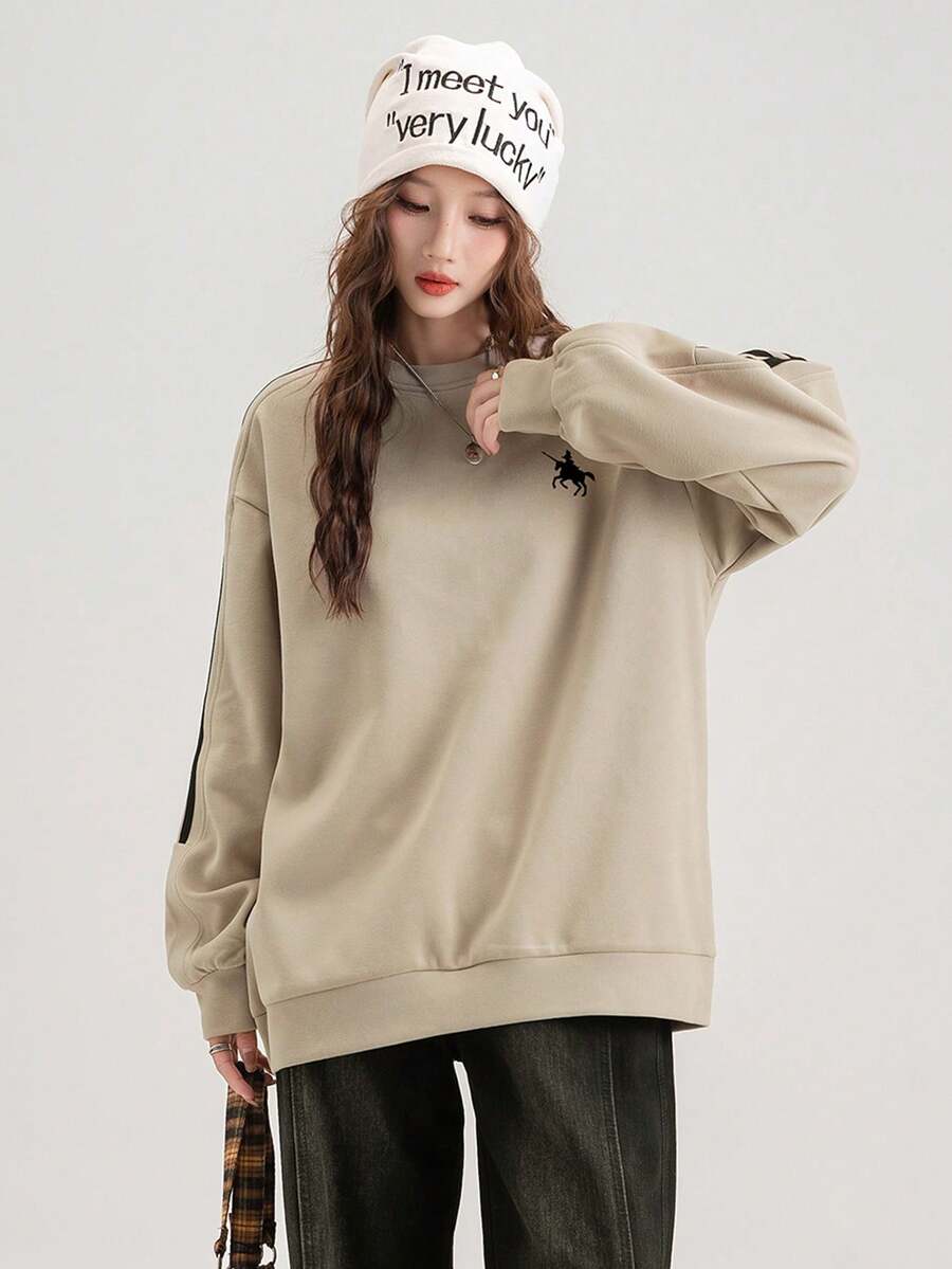 JUTU Spring & Autumn Equestrian Print Khaki & Black Patchwork Women's Graphic Round Neck Sweatshirt, Casual Loose Fit Mid-Length Minimalist Top - 979 Khaki Grey and Black - 1182 Black - View 1