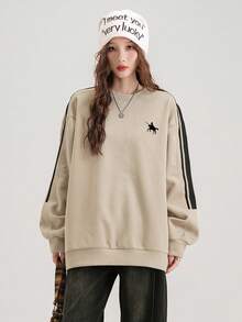 JUTU Spring & Autumn Equestrian Print Khaki & Black Patchwork Women's Graphic Round Neck Sweatshirt, Casual Loose Fit Mid-Length Minimalist Top - 979 Khaki Grey and Black - 1182 Black - View 5