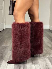 Women's Fluffy Fur Pointed Toe Stiletto Heels Knee High Boots Holiday Vacay Vibe For Elegant Fashionable Boots Spring Summer Party Evening Gala - 酒紅色絨面革 - 查看 3