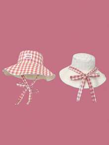 1pc Plaid Tie-Up Bucket Hat, Reversible, Suitable For Valentine's Day Gift, Travel Outfit, Daily Wear - A - View 11