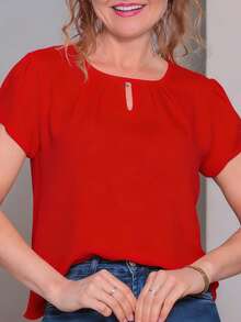 Women's Blouse With Puff Sleeves - 紅色 - 查看 2