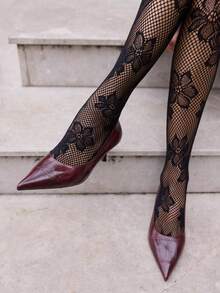 1件复古性感镂空花卉提花透明连裤袜，塑身连裤袜 - 黑色 - 查看 4