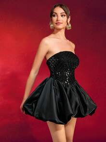 无肩带露背交叉绑带黑色亮片拼接泡泡裙摆派对舞会礼服 - 黑色 - 查看 1