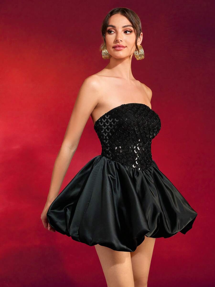 无肩带露背交叉绑带黑色亮片拼接泡泡裙摆派对舞会礼服 - 黑色 - 查看 1