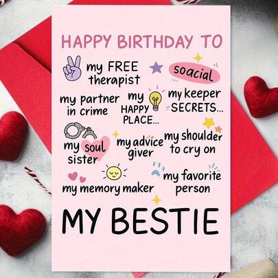 1pc Birthday Card For Best Friend Perfect For Celebrating Your Partner In Crime Your Soul Sister Or Favorite Person Ideal Gift For Close Friends On Special Occasions Envelope + Card